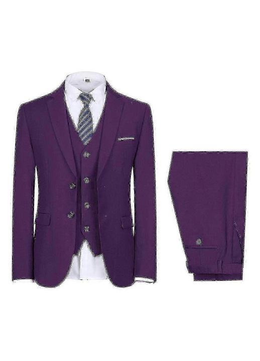 Set costum barbatesc formal 3 piese, poliester, pentru nunta, ocazii business, croiala slim, Violet