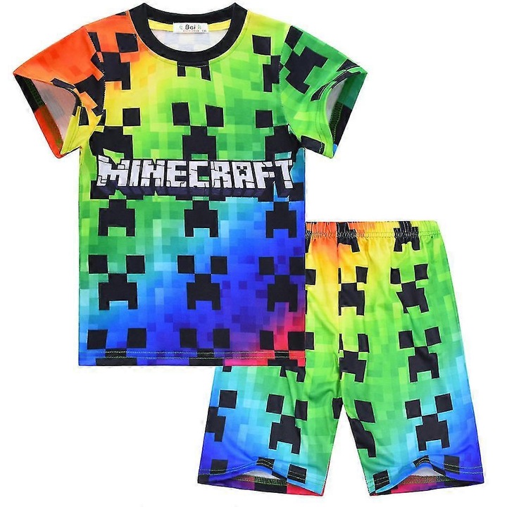 Set pijamale copii, Minecraft, maneca scurta, vara, poliester, multicolor
