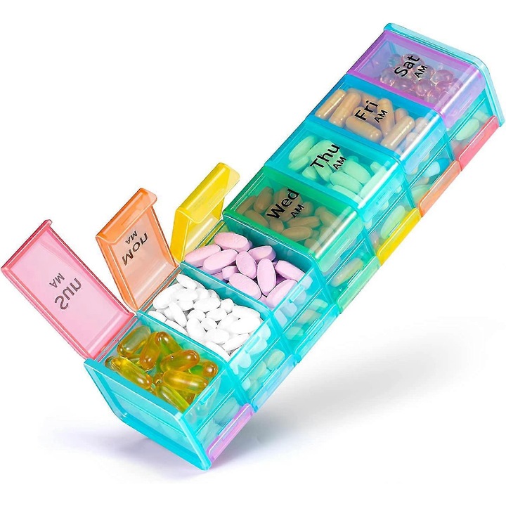 Organizator de pastile saptamanal, 14 celule, compartiment dublu mare, transparent