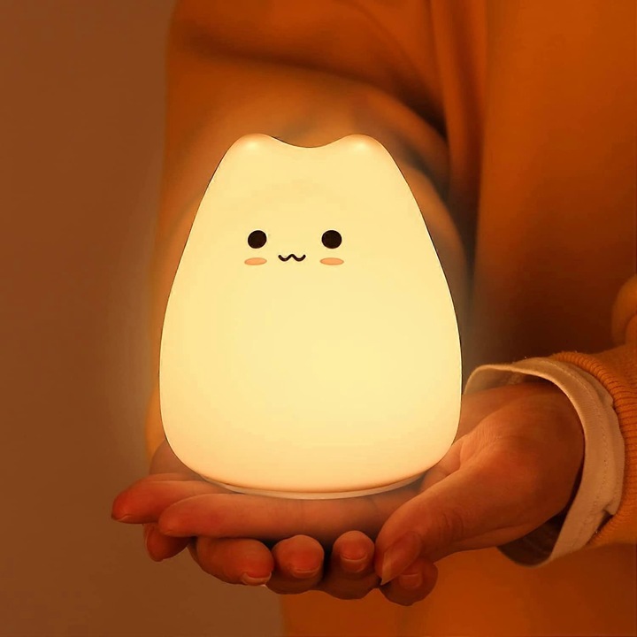Lampa de veghe pentru copii, lampa pisica din silicon, 7 culori, portabila