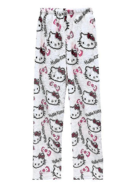 Дамски пижамни панталони, фланела, Kawaii дизайн, удобни, бели, модел Hello Kitty, M INTL