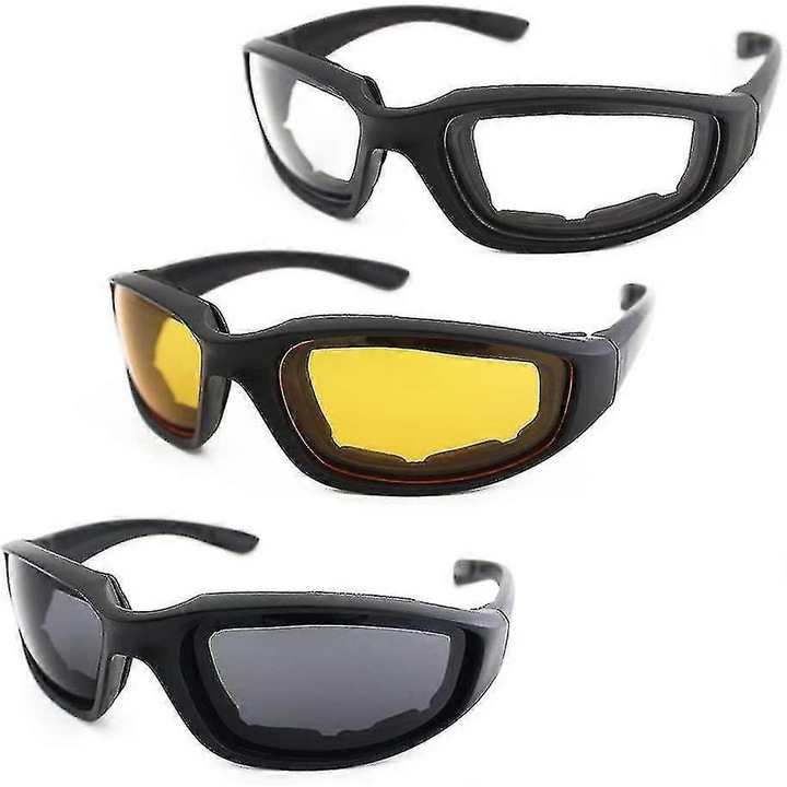 Ochelari de protectie pentru motocicleta, 3 perechi, lentile UV400, cadru negru, confortabili, set
