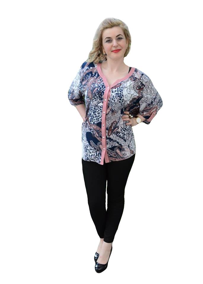 Bluza de zi, cu nasturi pe mijloc, imprimeu contrastant,D&J Exclusive, Bleumarin/Roz