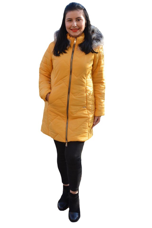 Jacheta moderna Anya ,lunga cu gluga detasabila,D&J Exclusive,galben,44 EU, Galben