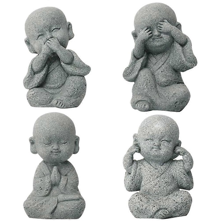 4 db kő szerzetes figura készlet, sötétszürke, 6.50x4.00x3.50cm