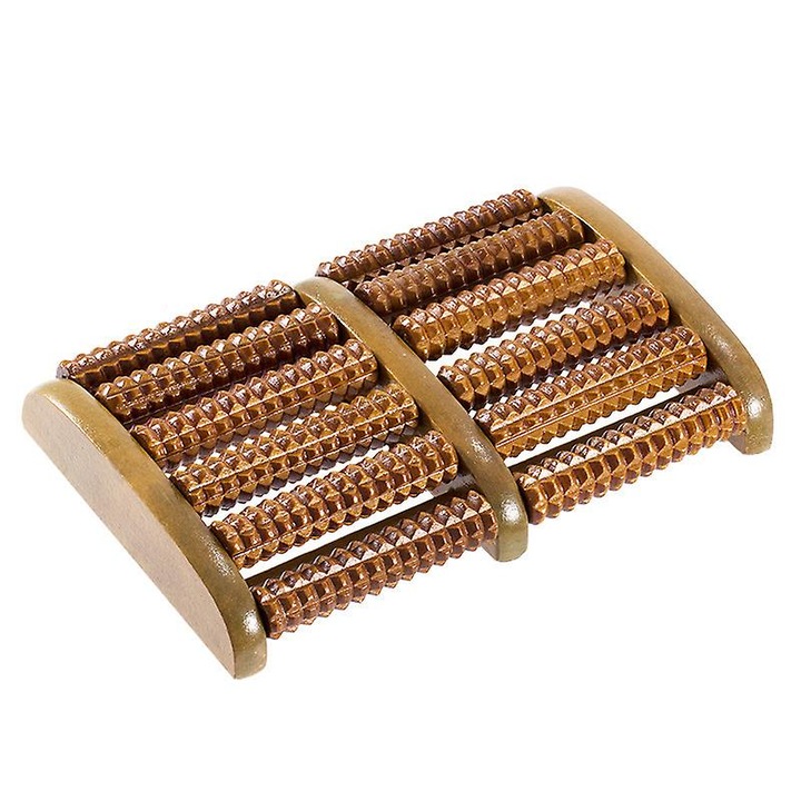 Rola de masaj pentru picioare din lemn, 6 randuri, design curbat, 27.5x17.5x4.5cm