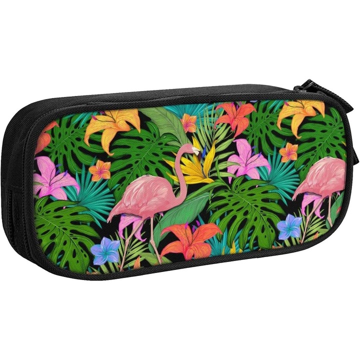 Несесер за моливи, Фламинго, дизайн с тропически листа, 2 джоба с цип, малък размер, многоцветен