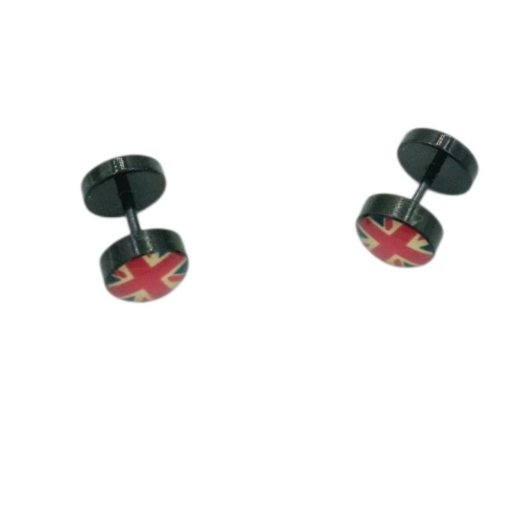 Cercei inox negri tip pierce cu steagul Angliei 8 mm diametru Dionisa