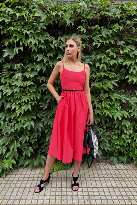 Couture de Marie, Rochie midi evazata cu curea subtire in talie, Coral