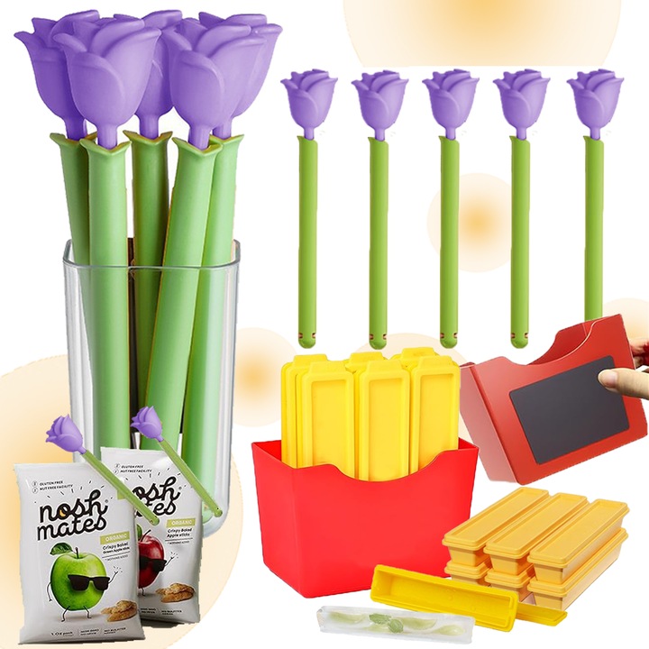 Clema de etansare pentru flori de trandafir cu cutie magnetica de depozitare (5 bucati) + forma de inghetata pentru cartofi prajiti cu cutie magnetica de depozitare (6 inghetate), dispozitiv de etansare pentru pungi alimentare, magnet pentru frigider