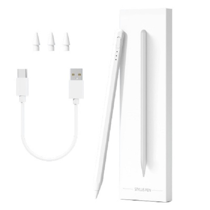 Стилус AX10-T, съвместим с IPAD APPLE 2018-2025, с функция за отхвърляне на дланта, накланяне, без забавяне, бързо зареждане, магнитна, алуминиева, USB-C, Бял