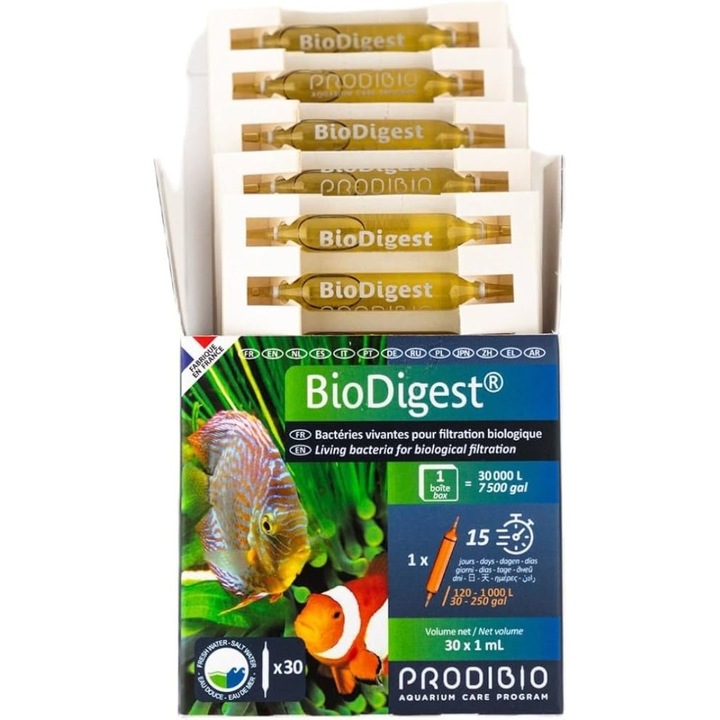 Bacterii nitrificatoare pentru acvariu, Prodibio BioDigest 30 fiole, tratament apa, 1000 litri
