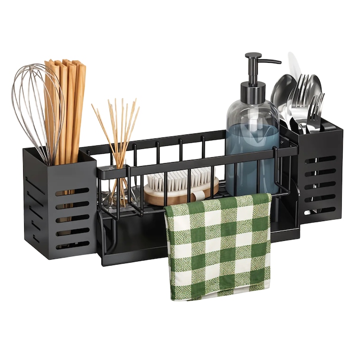 Suport Burete Vase Elindor® Multifunctional cu Tava de Scurgere Automata, Organizator din Otel Inoxidabil, pentru Bureti, Lavete, Detergent, Tacamuri, Ideal pentru Chiuveta Bucatarie sau Baie, Prindere pe Perete cu Suport Adeziv, Negru