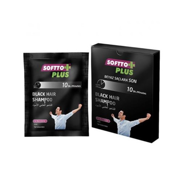 Pachet 10 plicuri x 25 ml Vopsea de par semipermanent tip Sampon Softto+ Plus pentru par negru, acopera parul alb si gri in 10 minute pentru barbati