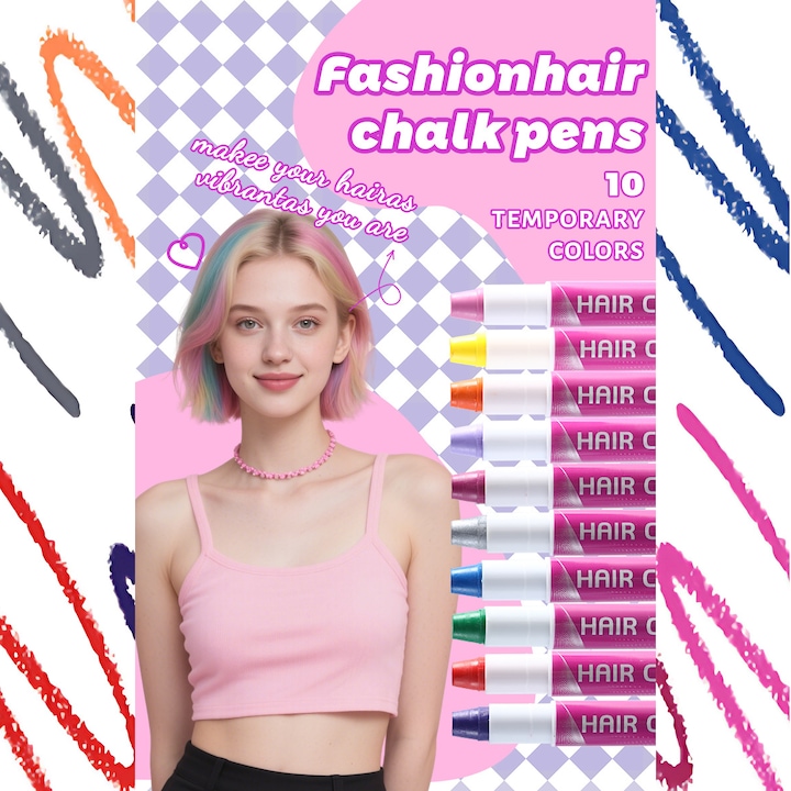 Pene Colorante de Par, pe baza de apa 10 Culori, NOVLA, Pensule Unice, Vopsea pentru Par, Creion Colorat Dazzle, Pensa pentru Fete, Spalabil, Non-toxic, Set Machiaj, Cadou Zile de Nastere