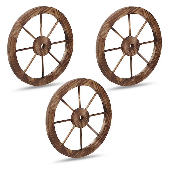 Set 3 roti decorative din lemn pentru casa sau gradina, design rustic vintage, diametru 40 cm, pentru decor exterior si interior