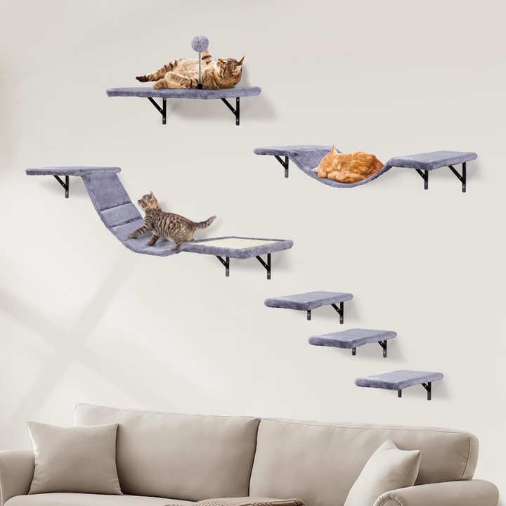 Set de mobilier pentru pisici, AFYHA, perete de catarat XXL, hamac și stâlp de zgariat, gri, 6 piese