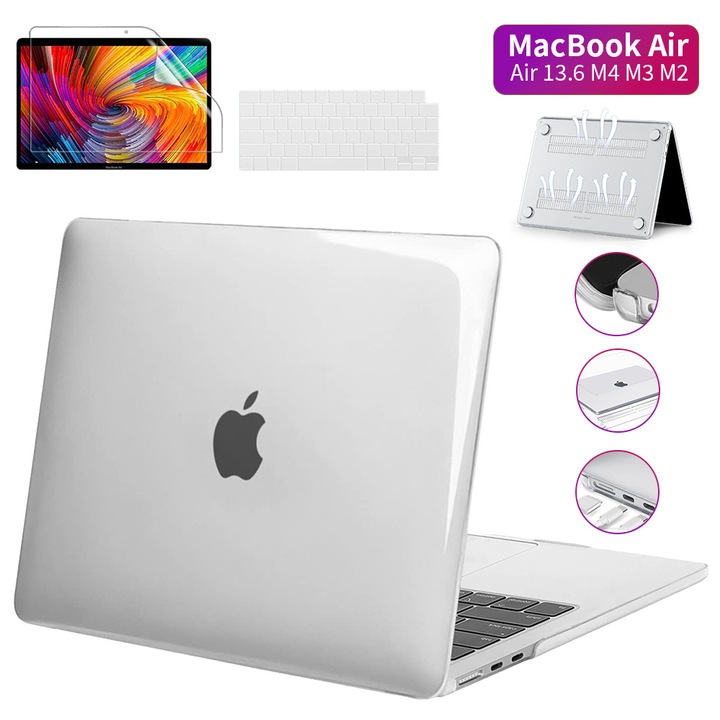 EXCITAT® Прозрачен твърд калъф за MacBook Air 13.6" (модели A2681/A3113/A3240, версии M2/M3/M4 2022-2024) - Комплект, включващ прозрачен калъф, фолио за клавиатура (европейско оформление), протектор за екран, съвместим с Touch ID