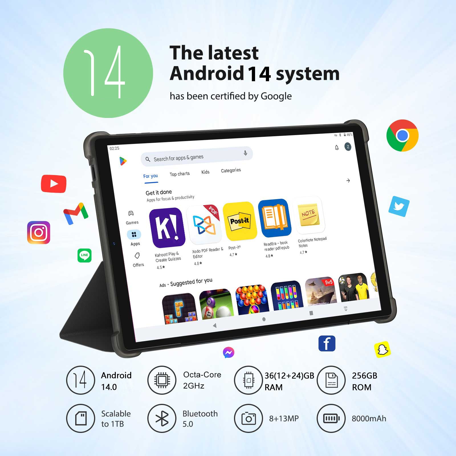 Tableta 10.36" Octa-Core, 36(12+24)GB RAM, 256GB ROM, Android 14.0, SIM/4G LTE, 5GHz WIFI, 1920*1200 FHD, 8000mAh, 13MP+8MP, Gri