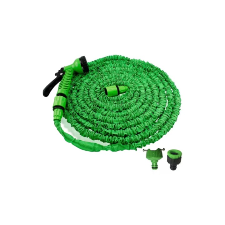 Bővíthető kerti tömlő 7 funkcióval, csatlakozókkal, 45 m hosszú, zöld