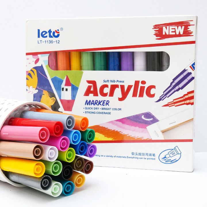 Akril Marker Készlet, 24 Szín, Leto, Ecsethegy, Automatikus Tintaszabályzó Rendszer, Vízálló