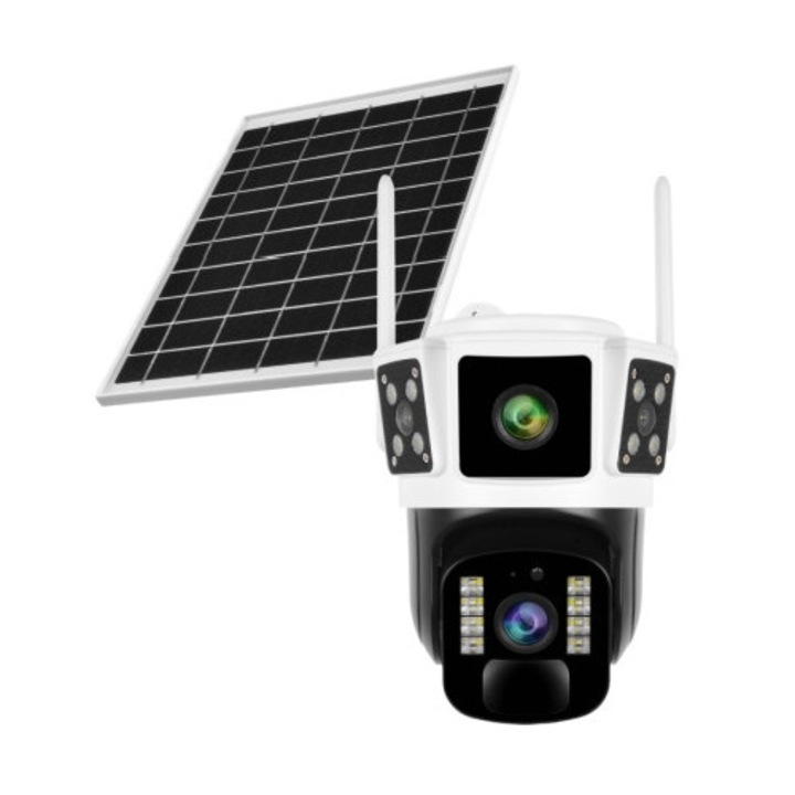 GermaNova™ Соларна камера за наблюдение 6MP, UltraHD, 360° въртене, Wifi/4G, соларен панел, нощно виждане, откриване на хора, 2 обектива