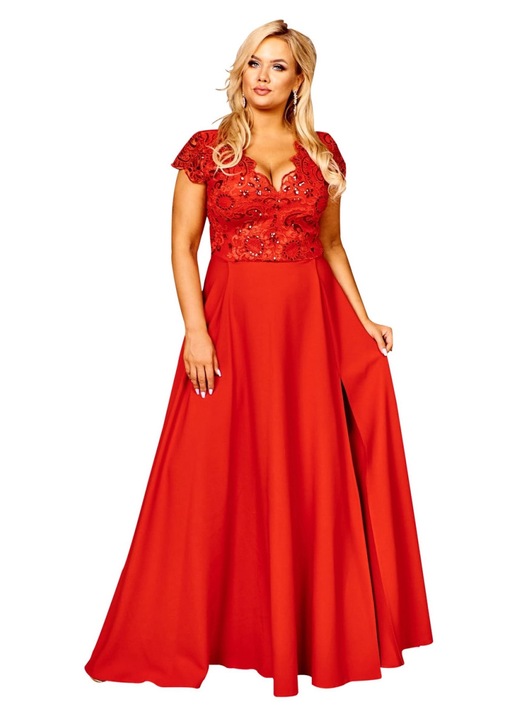 Rochie CRYSTAL cu fanta discreta pe picior, plus size, rosu, Rosu
