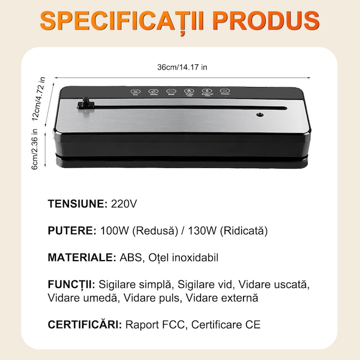 Vákuumozó, 30 cm, 5 funkció, nedves/száraz élelmiszerekhez, ezüst/fekete, hordozható, 10 zacskóval