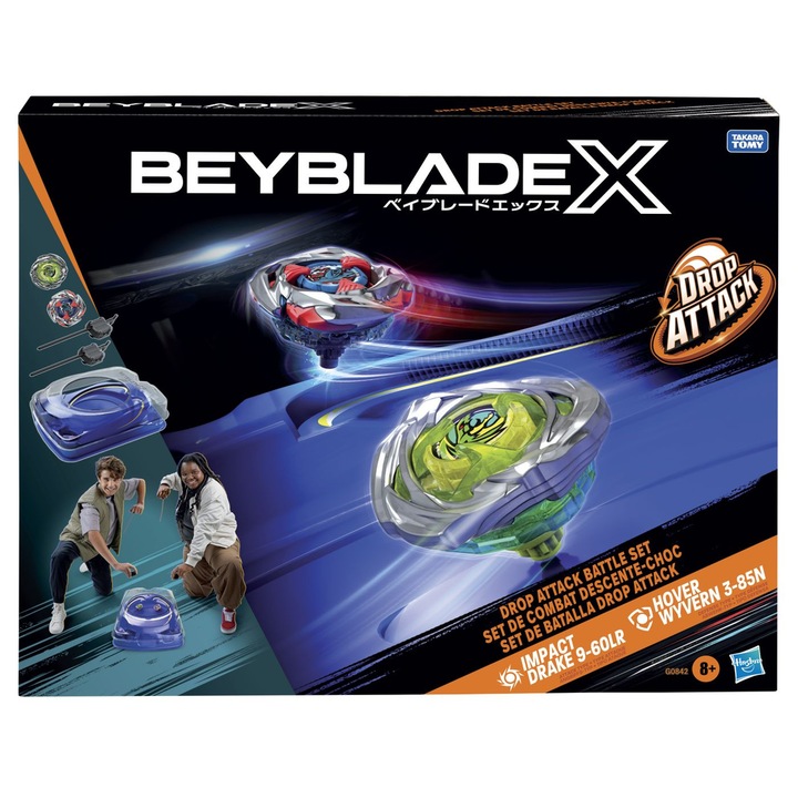 Комплект фигурки Beyblade X - Hasbro Interactive, Drop Attack Impact Drake 9-60lr и Hover Wyvern 3-85n