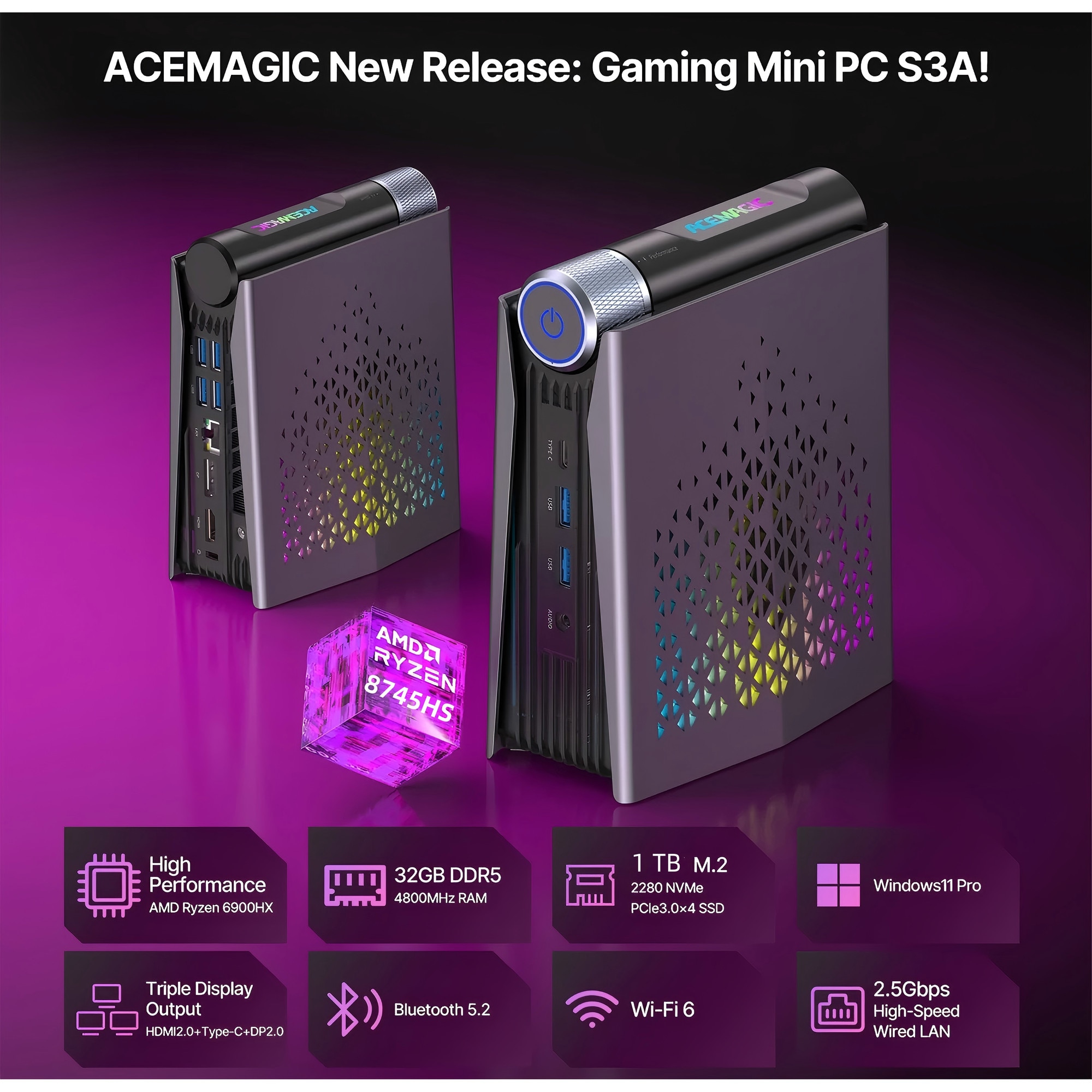 Мини PC за игри ACEMAGIC, AMD Ryzen 7 8745HS до 4.9 GHz, AMD 
