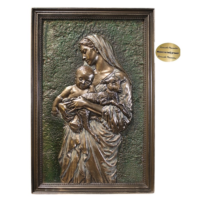 Tablou basorelief decorativ Madona cu Pruncul si miel, polirasina, stil bronz antic, 23x16, 5cm, ornament religios