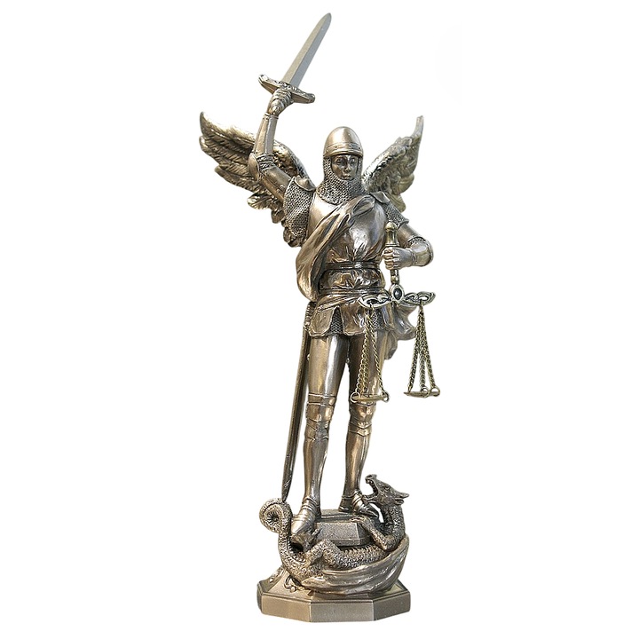Statueta decorativa Arhanghelul Mihail cu balanta, polirasina, stil bronz antic, 30cm, figura religioasa, ornament spiritual, lupta cu balaurul