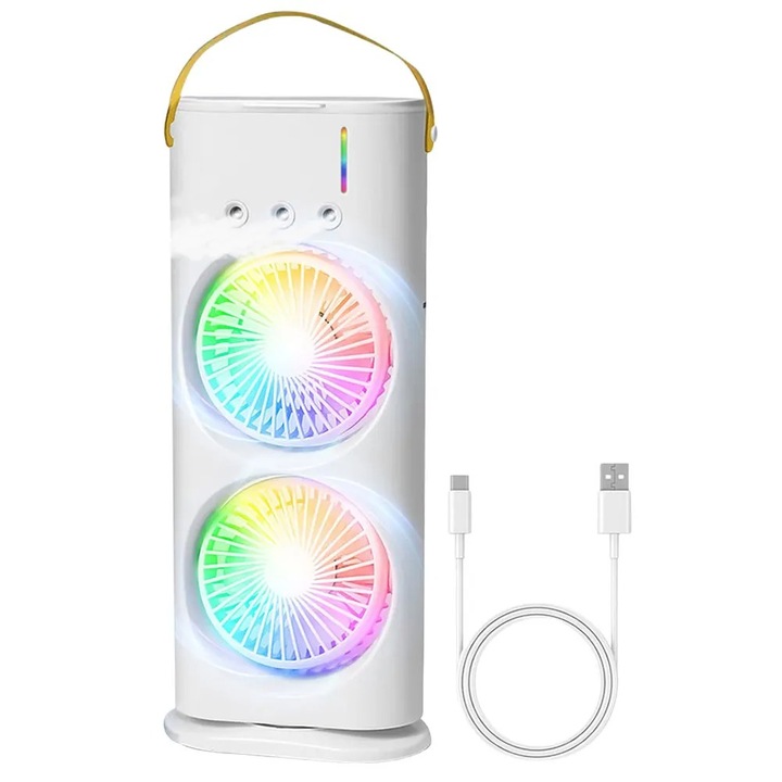 Aparat de Aer Conditionat Portabil cu Umidificator Incorporat – Ventilator de Birou cu Atomizare Ultrasonica, Mod de Racire si 7 Lumini RGB, Ventilator Electric