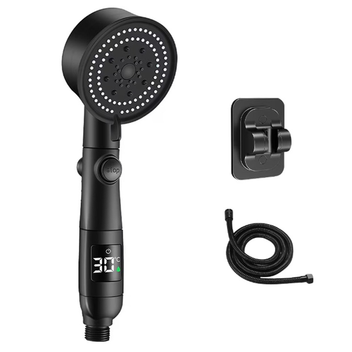 Set cap de dus inteligent, ZOUN, cu suport si furtun flexibil de 1,5 m, presiune inalta, afisaj digital al temperaturii, 5 moduri de pulverizare, conexiune universala, oprire a apei cu o singura atingere, durabil, 27 cm x 9 cm, negru
