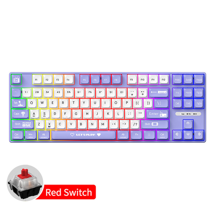 Tastatura mecanica AJAZZ AK870 MC, 87 taste, iluminare multicolora, cablu TYPE-C, 355.84x127.14x19.53mm, mov/alb