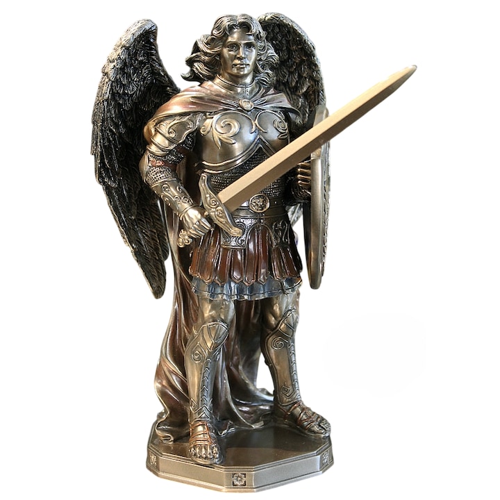 Statueta decorativa Arhanghelul Mihail, polirasina, stil bronz antic, 24cm, Veronese, figura religioasa, ornament spiritual