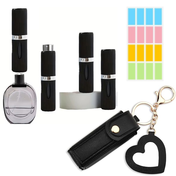 DUAIU Set de 4 sticlute parfum recarabil, cu husa, etichete clasificare si oglinda compacta - Ideal pentru calatorii, Negru