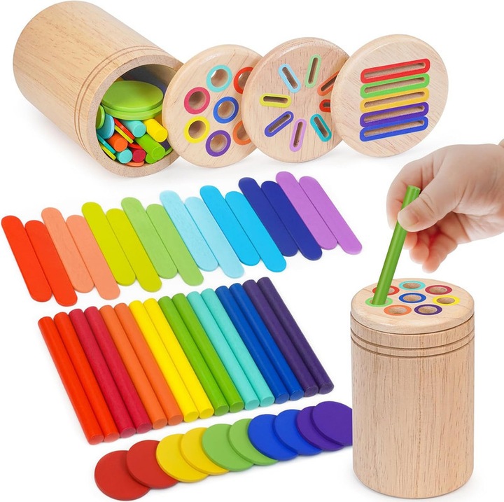Joc educativ Montessori 3 in 1 Buyya, lemn colorat