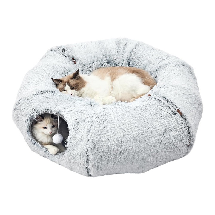 NEXTLY 2 az 1-ben macska- és kutyafekhely, alagút 2 kijárattal és labdákkal játékhoz, bolyhos, szőrméhez hasonló anyag, levehető párna átmérője 40 cm, csúszásgátló alap, 85x55 cm, szürke