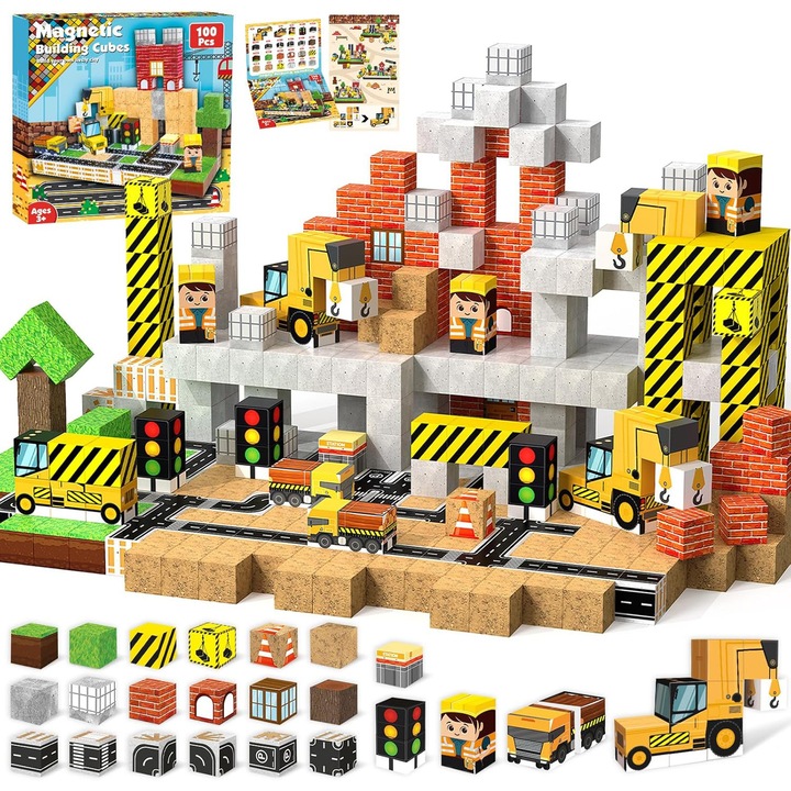 Комплект строителни блокчета Buyya, Магнитни , Развитие на двигателни умения, Креативност и когнитивно развитие, Образователна STEM игра за креативност, 100 части, Живи цветове, За деца 3-8 години