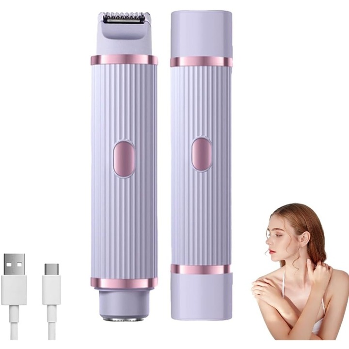 Aparat de tuns bikini, 2 in 1, Shaver Electric cu Doua Capete, Portabil, 2 in 1 Umed si Uscat, Rezistent la Apa, cu Incarcare USB, Culoare Violet