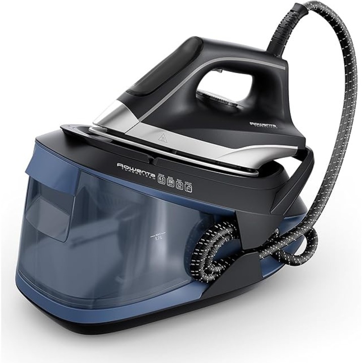 Statie de calcat cu abur Rowenta VR8325 Turbosteam, 2600 Wati, abur continuu de 120 g/min, boost suplimentar de abur de 350 g/min, incalzire rapida, rezervor de apa de 1, 7 L, sistem anti-calcar, mod eco, negru/albastru