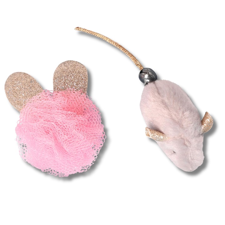 Elegáns Glamour macskajáték-készlet – Egér csengővel és labdával, csillogó fülekkel, tökéletes játékhoz és vadászösztönhöz, szürke, rózsaszín és arany színekben