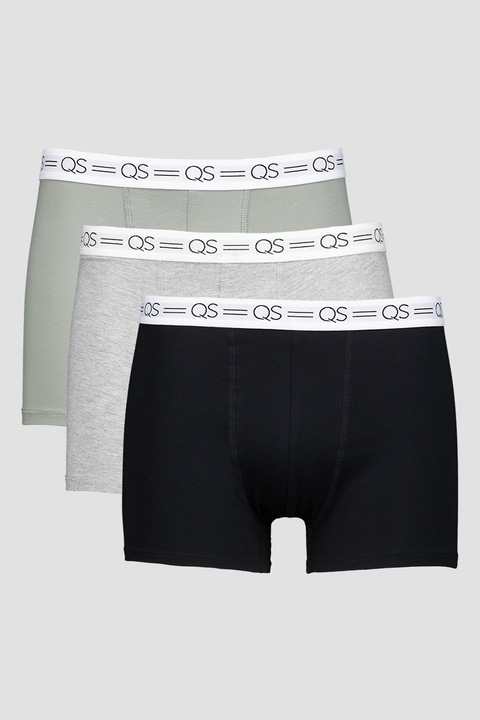 QS, Set de boxeri cu banda logo in talie - 3 perechi, Negru/Gri melange/Verde sparanghel