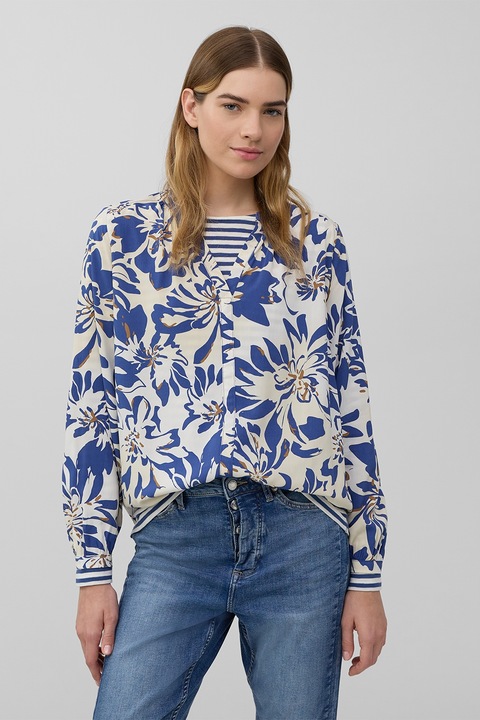 s.Oliver, Bluza cu decolteu in V si model floral, Alb/Albastru royal