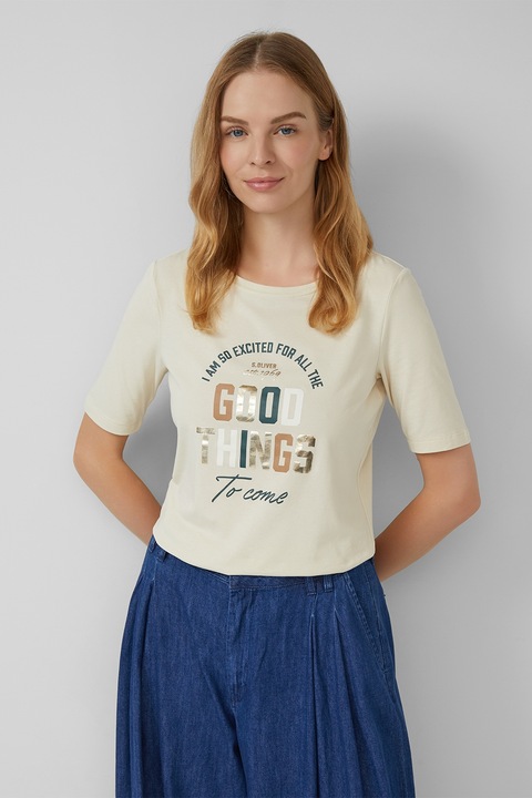 s.Oliver, Tricou cu decolteu la baza gatului si design grafic, Auriu/Bej/Gri carbune
