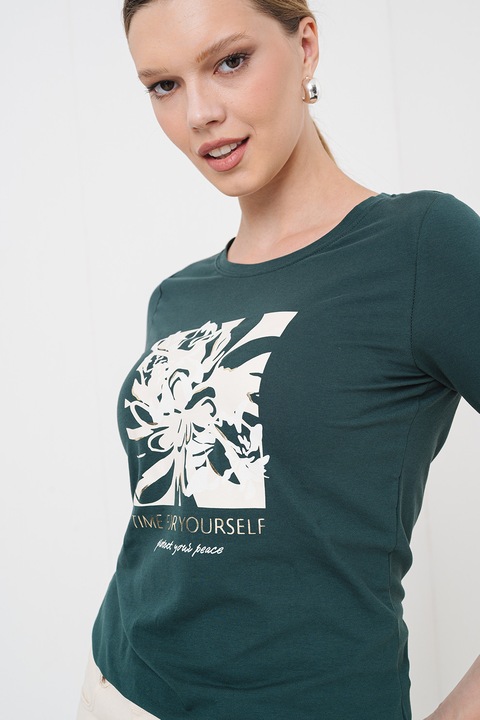 s.Oliver, Tricou cu decolteu la baza gatului si design grafic, Auriu/Alb fildes/Verde englez