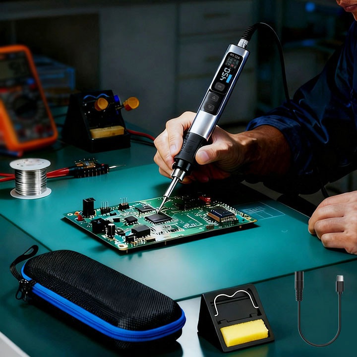 Hordozható forrasztópáka, MOSMAOO®, Intelligens forrasztópáka, LCD kijelző, maximális hőmérséklet állítás 450°C/842°F, Ergonomikus, Támogatja a pd/qc/dc tápegységet, Statikus védelem, Induktív hibernálás, Hordtáska, Ezüst/Fekete