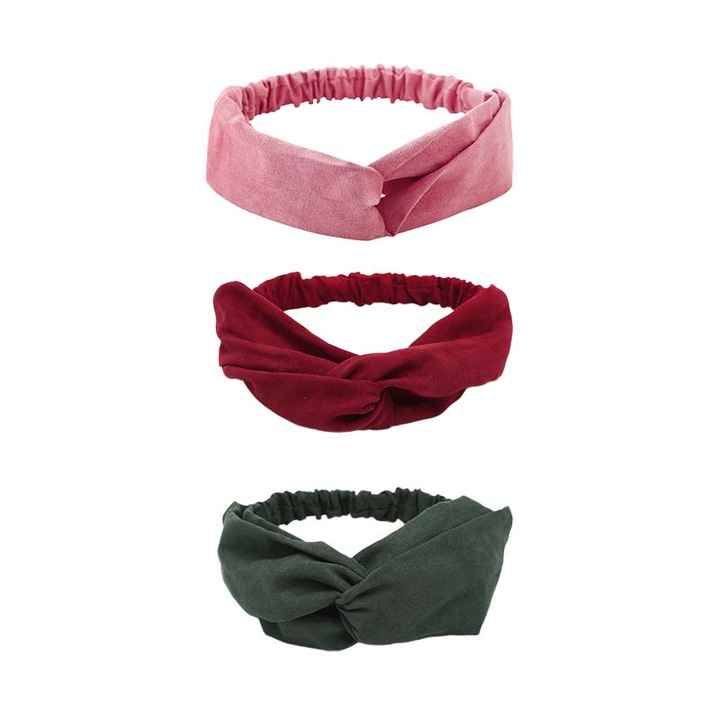 Set 3 bentite de par Bentita pentru par elastica, Confortabile si usoare, Material respirabil, Reutilizabile, Usor de curatat, Poliester, Multicolor/Rosu/Roz/Verde