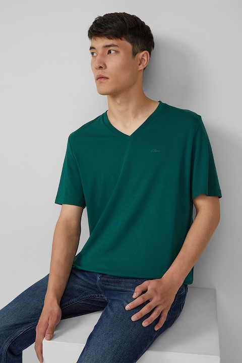 s.Oliver, Tricou din bumbac cu decolteu in V, Verde englez